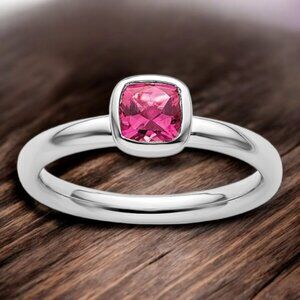Bezel Set Cushion Cut Pink Tourmaline Stackable Ring in 925 Sterling Silver